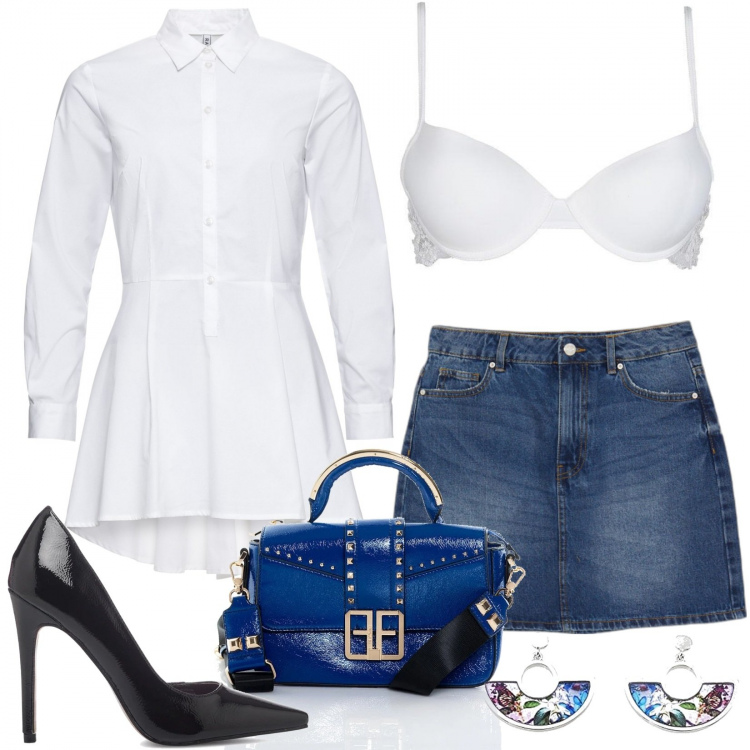 Outfit donna - La versatilità di certi capi. Stile Trendy per Serata fuori. Abbinamento con camicie, reggiseni, borse a spalla, minigonne, décolleté, orecchini.