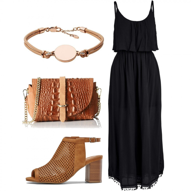 Outfit donna - In lungo. Stile Boho per Tutti i giorni. Abbinamento con vestiti midi/longuette, sandali col tacco, pochette, braccialetti.