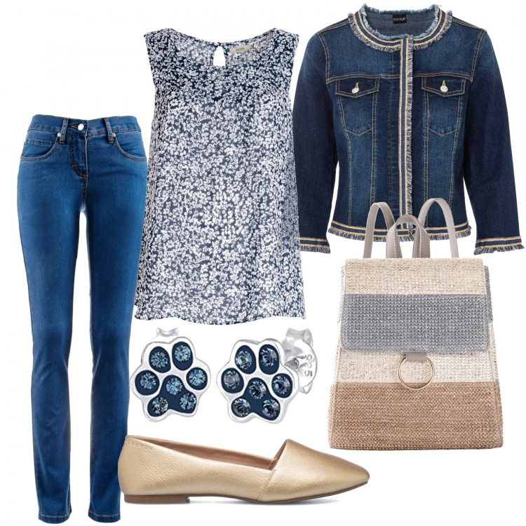 Outfit donna - Con il giubbino in jeans. Stile Casual per Tutti i giorni. Abbinamento con blazer, jeans dritti, zaini, bluse, ballerine, orecchini.