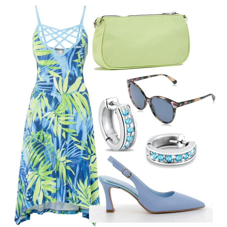 Outfit donna - Un po\' di blu e un po\' di verde. Stile Boho per Tutti i giorni. Abbinamento con vestiti chemisier, borse a spalla, sandali in pelle, orecchini, occhiali da sole.