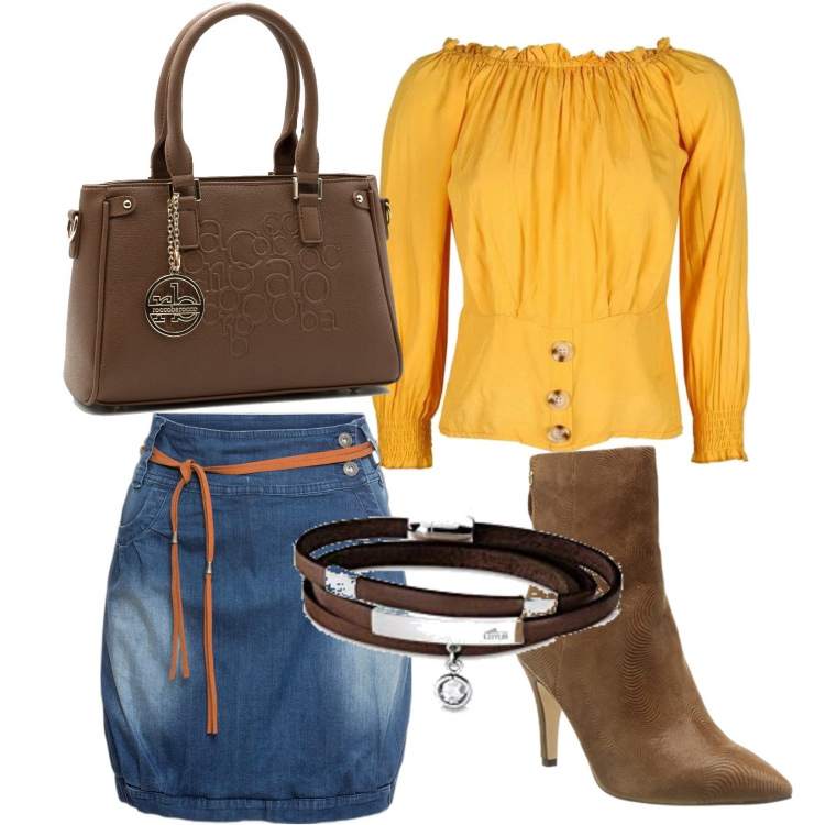 Outfit donna - Un tocco di colore. Stile Casual chic per Serata fuori. Abbinamento con minigonne, top, borse a mano, braccialetti, stivaletti.