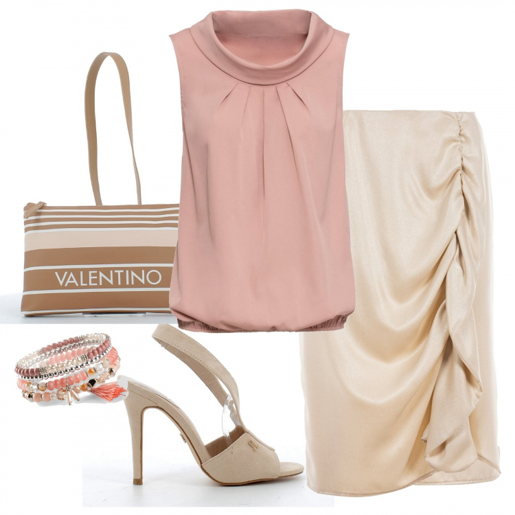 Outfit donna - Eleganza in saldo. Stile Bon Ton per Tutti i giorni. Abbinamento con top, braccialetti, gonne lunghe, sandali col tacco, borse a tracolla.