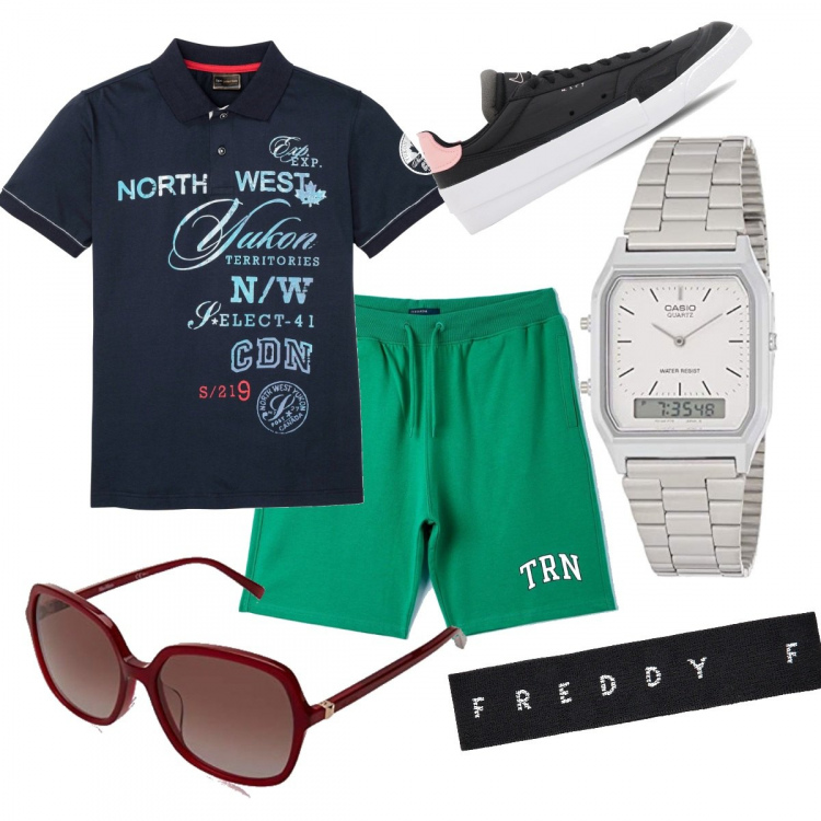 Outfit uomo - Total look #1375362. Stile Casual per Sport. Abbinamento con polo, bermuda, braccialetti, orologi, sneakers, occhiali da sole.