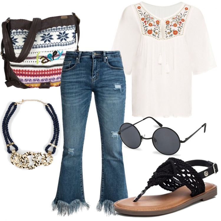 Outfit donna - Boho. Stile Boho per Tutti i giorni. Abbinamento con tuniche, collane, jeans a zampa, sandali, borse a tracolla, occhiali da sole.