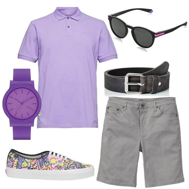 Outfit uomo - Osa con il colore. Stile Trendy per Serata speciale. Abbinamento con bermuda, sneakers, occhiali da sole, cinture, polo, orologi analogici.