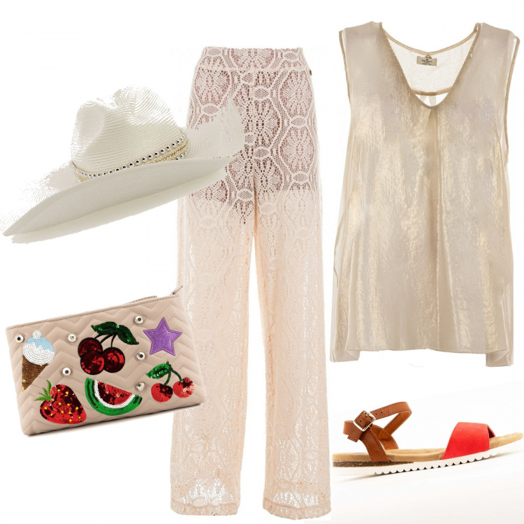 Outfit donna - In spiaggia al tramonto. Stile Casual per Mare. Abbinamento con pantaloni, bluse, infradito, pochette, cappelli.