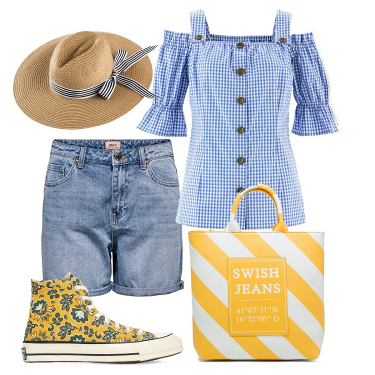Outfit donna - Pic nic o scampagnata?. Stile Romantica per Tutti i giorni. Abbinamento con camicie a manica corta, cappelli, shopping bag, shorts, sneakers.