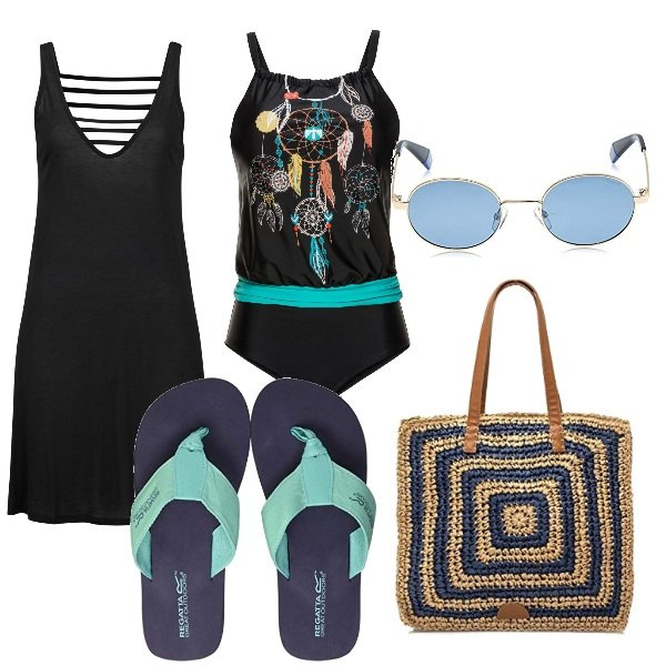 Outfit donna - Si scende al mare. Stile Minimal per Mare. Abbinamento con vestiti da spiaggia, costumi interi, infradito, shopping bag, occhiali da sole.