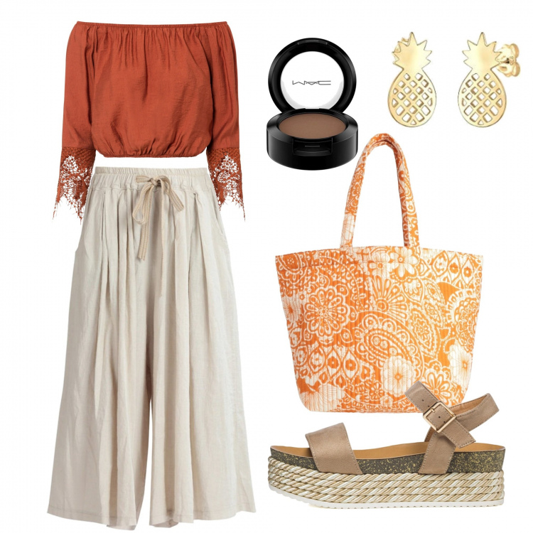 Outfit donna - Ampiezze e ricami. Stile Boho per Tutti i giorni. Abbinamento con borse a mano, vestiti, pantaloni, sandali col tacco, orecchini, ombretti.