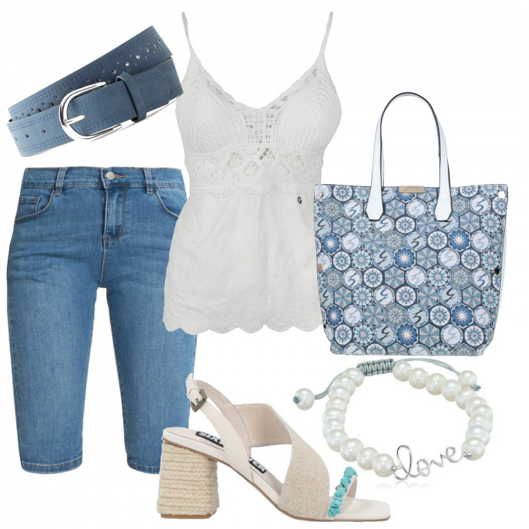 Outfit donna - Azzurro e bianco. Stile Romantica per Tutti i giorni. Abbinamento con cinture, sandali in pelle, borse a mano, bermuda, top, braccialetti.