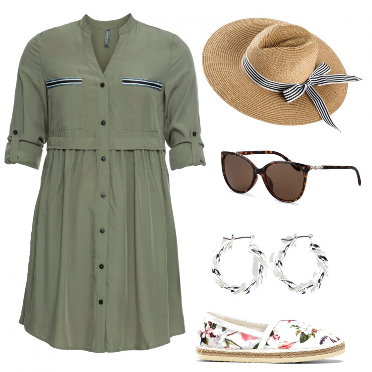 Outfit donna - Picnic. Stile Casual per Tutti i giorni. Abbinamento con vestiti chemisier, orecchini, espadrillas, occhiali da sole, cappelli.