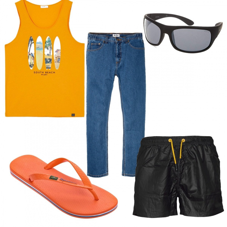 Outfit uomo - Giallo e arancione. Stile Trendy per Mare. Abbinamento con jeans dritti, costumi, canottiere, sandali, occhiali da sole.