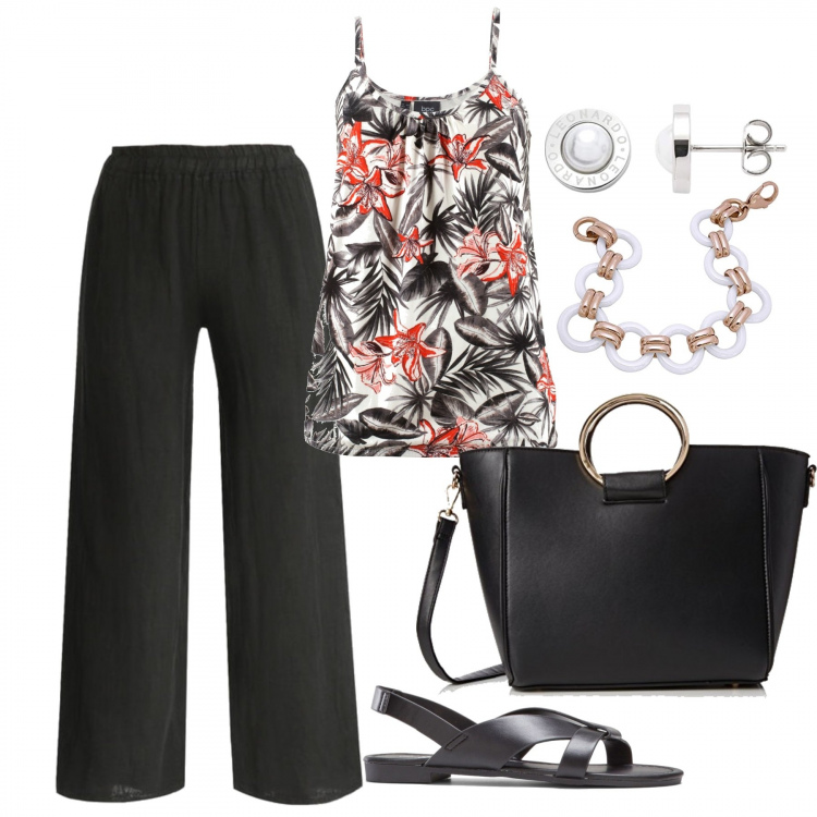 Outfit donna - Comoda e fresca con il lino. Stile Basic per Tutti i giorni. Abbinamento con top, sandali, pantaloni, orecchini, braccialetti, borse a mano.