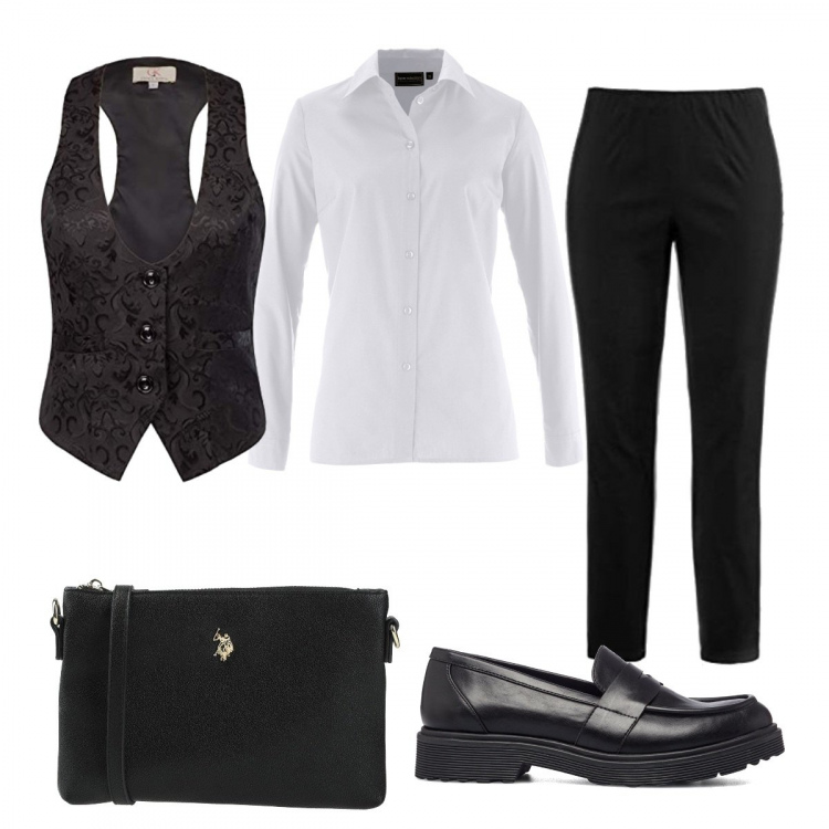 Outfit donna - Total look #1376268. Stile Mannish per Ufficio. Abbinamento con camicie, borse a tracolla, mocassini, gilet, pantaloni.