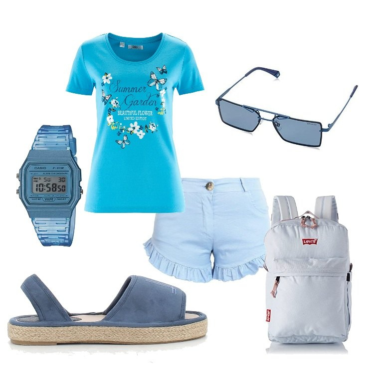 Outfit donna - Comodo viaggio in treno. Stile Basic per Tutti i giorni. Abbinamento con t-shirt, shorts, sandali, zaini, orologi digitali, occhiali da sole.