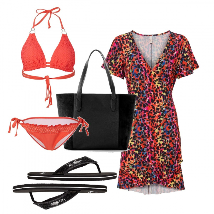 Outfit donna - Beach party. Stile Trendy per Mare. Abbinamento con shopping bag, infradito, vestiti, bikini.