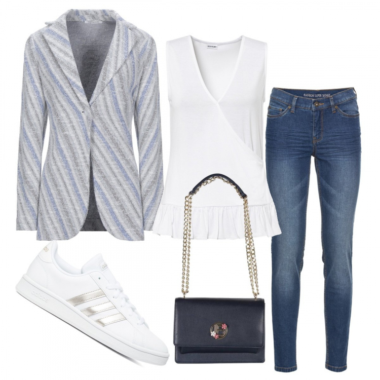 Outfit donna - Casual in giacca. Stile Casual chic per Ufficio. Abbinamento con jeans skinny, top, blazer, borse a mano, sneakers.
