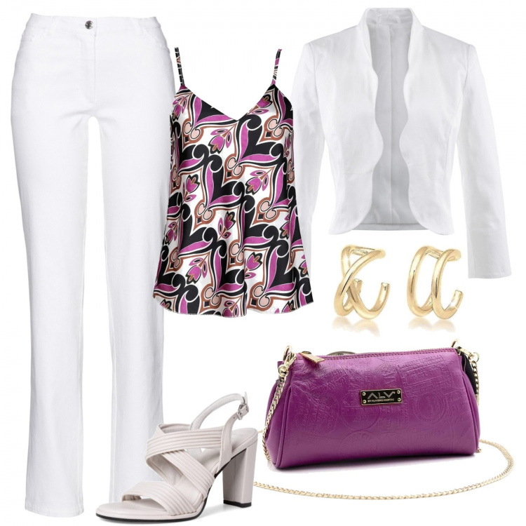 Outfit donna - Casual Chic al cocktail party. Stile Casual chic per Serata fuori. Abbinamento con blazer, pantaloni, top, pochette, sandali col tacco, orecchini.