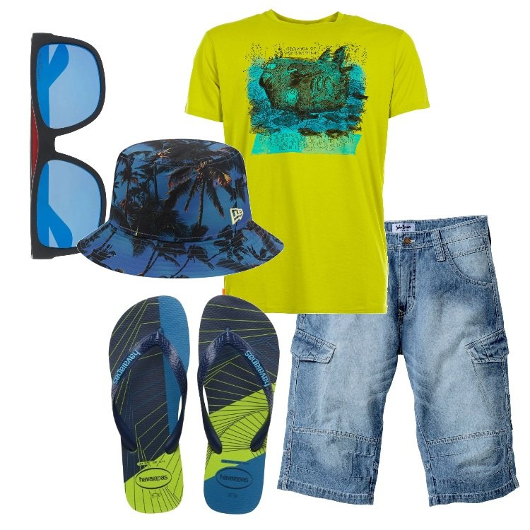 Outfit uomo - Summer is here. Stile Casual per Tutti i giorni. Abbinamento con bermuda, t-shirt, occhiali da sole, sandali, cappelli.