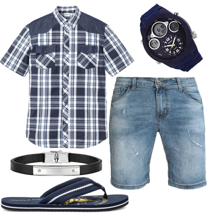 Outfit uomo - Casual #13899. Stile Casual per Tutti i giorni. Abbinamento con camicie a manica corta, bermuda, sandali, orologi, braccialetti.