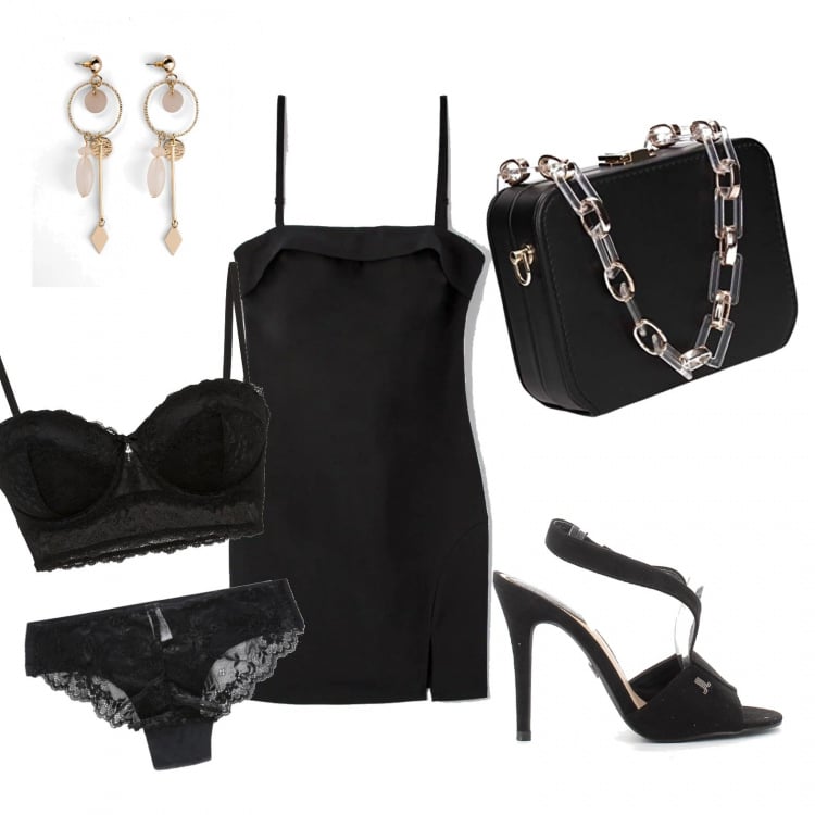 Outfit donna - Sexy ma con eleganza. Stile Sexy per Serata fuori. Abbinamento con orecchini, reggiseni a balconcino, vestiti, slip, sandali col tacco, pochette.