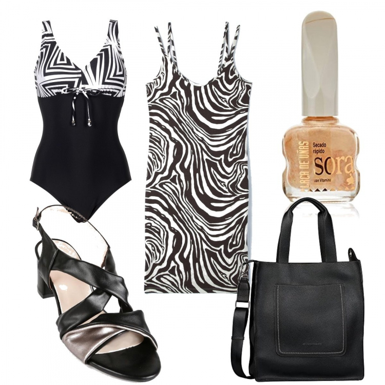 Outfit donna - Fantasia in bianco e nero. Stile Trendy per Mare. Abbinamento con costumi interi, sandali in pelle, vestiti, shopping bag, smalti.