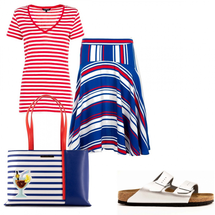 Outfit donna - Off Market Summer Sales. Stile Glamour per Mare. look ideale per Petite. Abbinamento con ciabatte, minigonne, borse a tracolla, t-shirt.