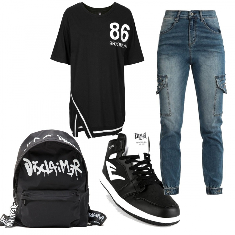 Outfit donna - Urban #5857. Stile Urban per Tutti i giorni. Abbinamento con maglieria, jeans, sneakers alte, zaini.