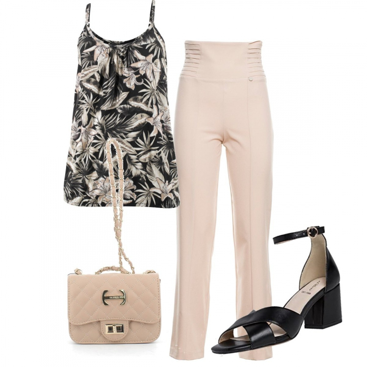 Outfit donna - I pantaloni color cipria. Stile Bon Ton per Tutti i giorni. Abbinamento con top, pantaloni, borse a tracolla, sandali col tacco.