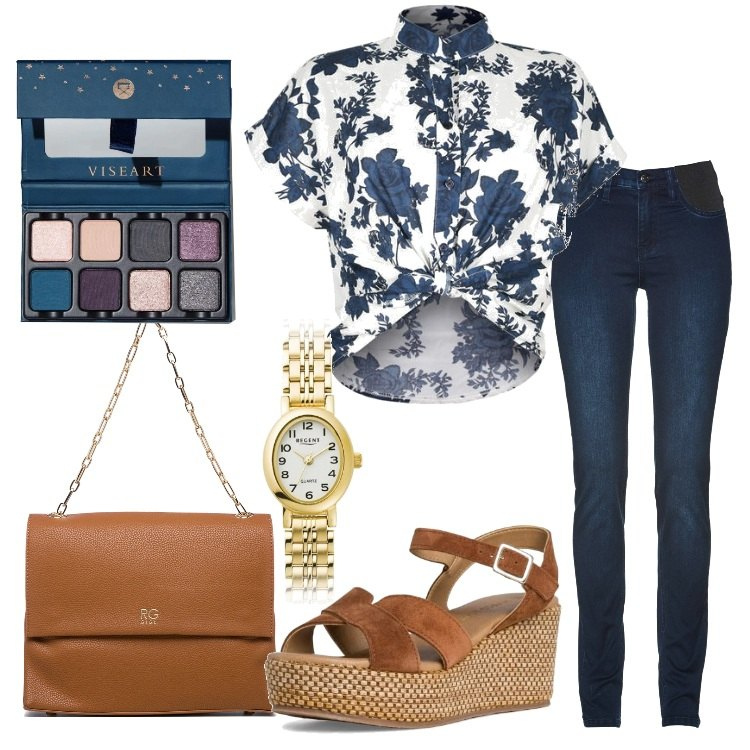 Outfit donna - Jeans in ufficio. Stile Casual chic per Ufficio. Abbinamento con jeans, camicie a manica corta, ombretti, borse a spalla, sandali in pelle, orologi.