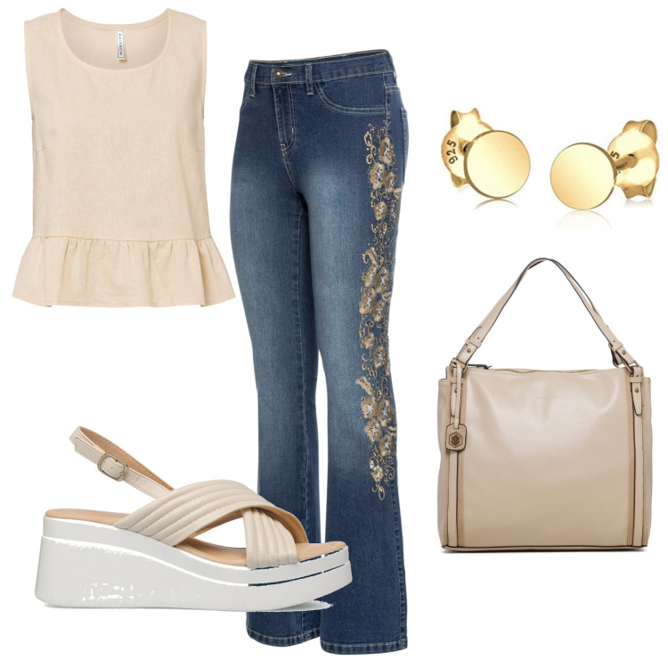 Outfit donna - Ultimi giorni in ufficio. Stile Basic per Ufficio. Abbinamento con jeans, top, sandali in pelle, borse a spalla, orecchini.