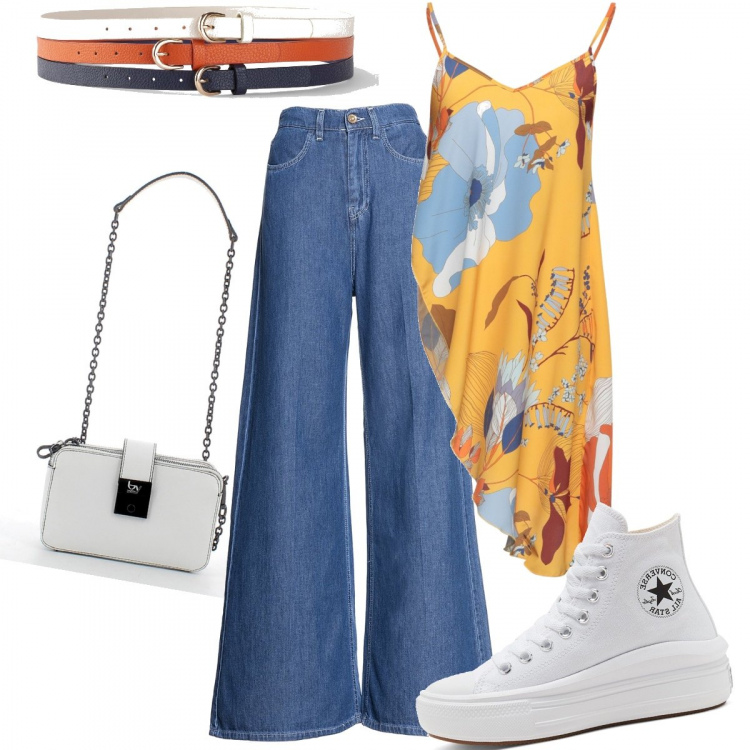 Outfit donna - Il jeans ultrazampa. Stile Trendy per Tutti i giorni. Abbinamento con cinture, top, sneakers, jeans a zampa, clutch.