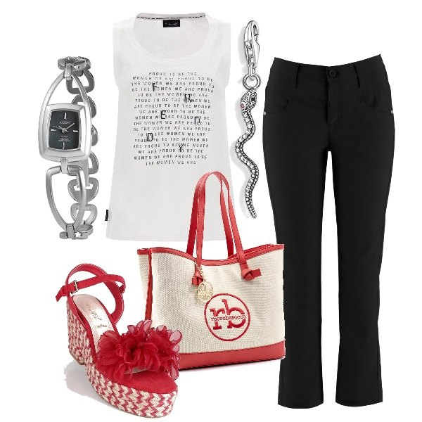 Outfit donna - Casual da ufficio. Stile Casual chic per Ufficio. Abbinamento con pantaloni, sandali in pelle, shopping bag, canottiere, braccialetti, orologi.