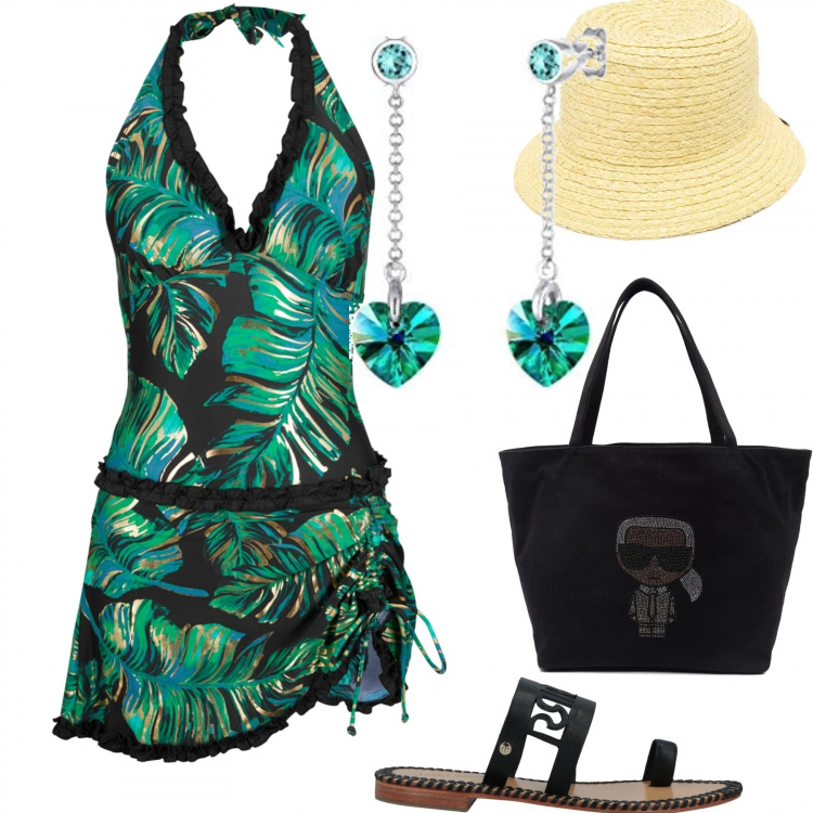 Outfit donna - Costume coprente. Stile Casual chic per Mare. Abbinamento con vestiti da spiaggia, infradito, borse tote, borse a secchiello, orecchini.