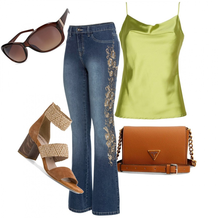 Outfit donna - Il jeans ricamato. Stile Casual chic per Tutti i giorni. Abbinamento con jeans, top, borse a tracolla, sandali col tacco, occhiali da sole.