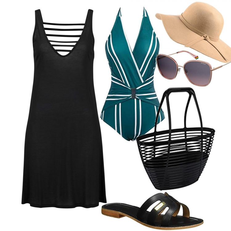 Outfit donna - Al mare. Stile Casual per Mare. Abbinamento con vestiti da spiaggia, costumi interi, cappelli, occhiali da sole, borse a mano, sandali in pelle.