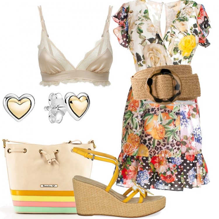 Outfit donna - Fantasia floreale perfetta in estate. Stile Casual per Tutti i giorni. Abbinamento con cinture, vestiti senza maniche, zeppe, borse a mano, reggiseni, orecchini.