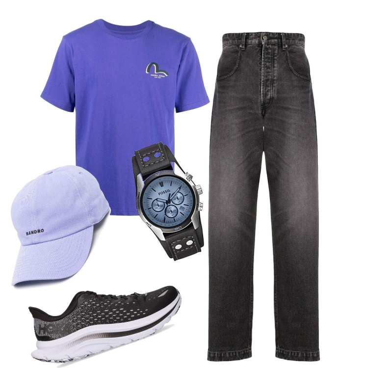 Outfit uomo - Picnic al parco. Stile Casual per Tutti i giorni. Abbinamento con t-shirt, jeans, cappelli con visiera, sneakers, orologi.