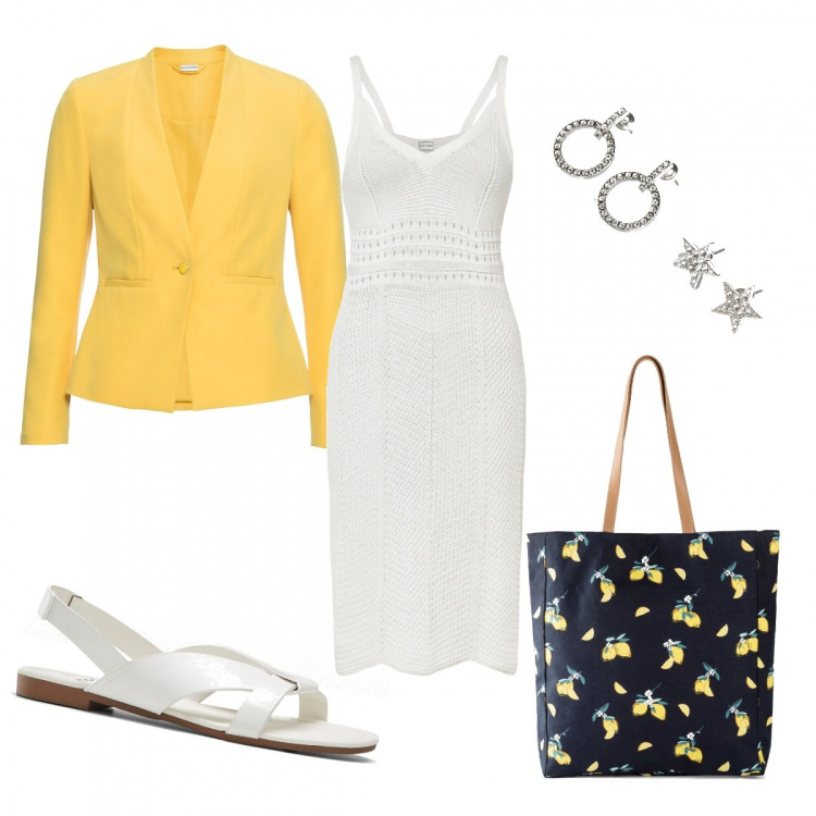 Outfit donna - Carina con i saldi. Stile Casual per Tutti i giorni. Abbinamento con sandali, blazer, vestiti, shopping bag, orecchini.