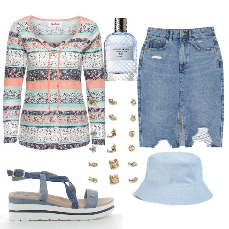 Outfit donna - Saldi estivi. Stile Basic per Scuola/Università. look ideale per Petite. Abbinamento con tuniche, cappelli con visiera, gonne longuette, orecchini, zeppe, profumi.