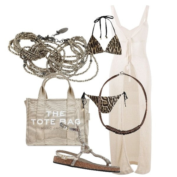 Outfit donna - Aperitivo in spiaggia. Stile Casual chic per Mare. Abbinamento con infradito, collane, bikini, braccialetti, vestiti senza maniche, shopping bag.