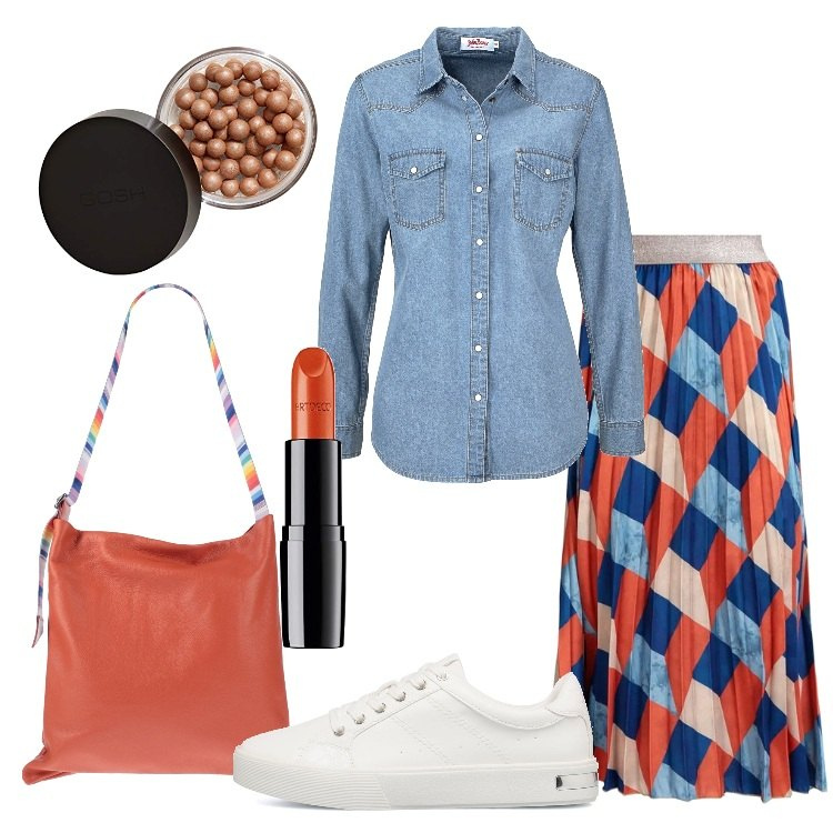 Outfit donna - Senza pensieri. Stile Casual per Tutti i giorni. Abbinamento con camicie, borse a spalla, gonne lunghe, sneakers, rossetti, ciprie.