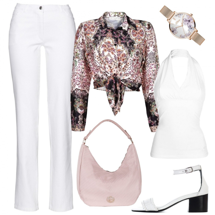 Outfit donna - La versatile camicia fiorata. Stile Casual chic per Tutti i giorni. Abbinamento con pantaloni, camicie, top, borse a spalla, sandali in pelle, orologi analogici.