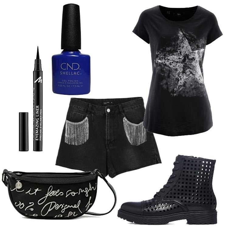 Outfit donna - Rock con l\'anfibio traforato. Stile Rock per Tutti i giorni. Abbinamento con t-shirt, shorts, anfibi, borse a tracolla, ombretti, smalti.