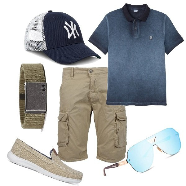 Outfit uomo - Blu casual. Stile Casual per Tutti i giorni. Abbinamento con polo, cinture, bermuda, cappelli con visiera, scarpe stringate, occhiali da sole.