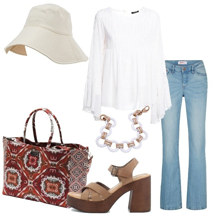 Outfit donna - Idea anni \'70. Stile 70s per Tutti i giorni. Abbinamento con jeans bootcut, bluse, borse a mano, sandali in pelle, braccialetti, cappelli.
