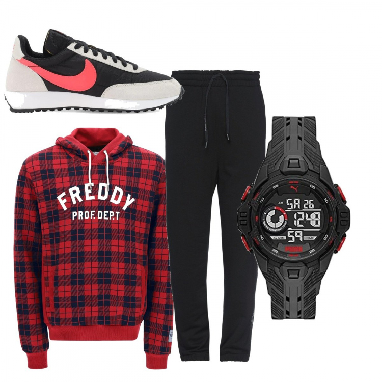 Outfit uomo - Total look #1380797. Stile Casual per Tutti i giorni. Abbinamento con felpe con cappuccio, pantaloni, orologi digitali, sneakers.