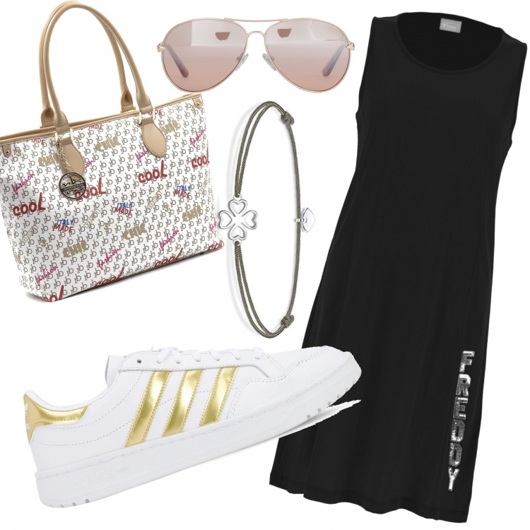Outfit donna - Mix di marche. Stile Basic per Tutti i giorni. Abbinamento con occhiali da sole, vestiti senza maniche, shopping bag, sneakers, braccialetti.