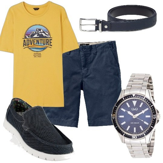 Outfit uomo - Bermuda blu notte e maglia giallo oro. Stile Trendy per Tutti i giorni. Abbinamento con bermuda, scarpe stringate, t-shirt, cinture, orologi analogici.