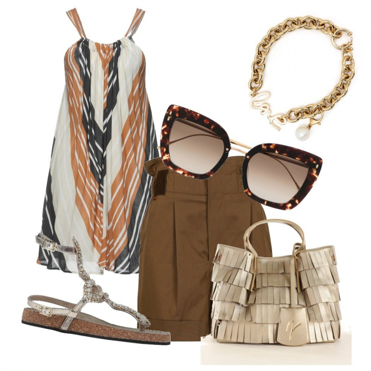 Outfit donna - Total look #1381795. Stile Chic per Tutti i giorni. Abbinamento con infradito, top, pantaloni, borse a mano, occhiali da sole, collane.